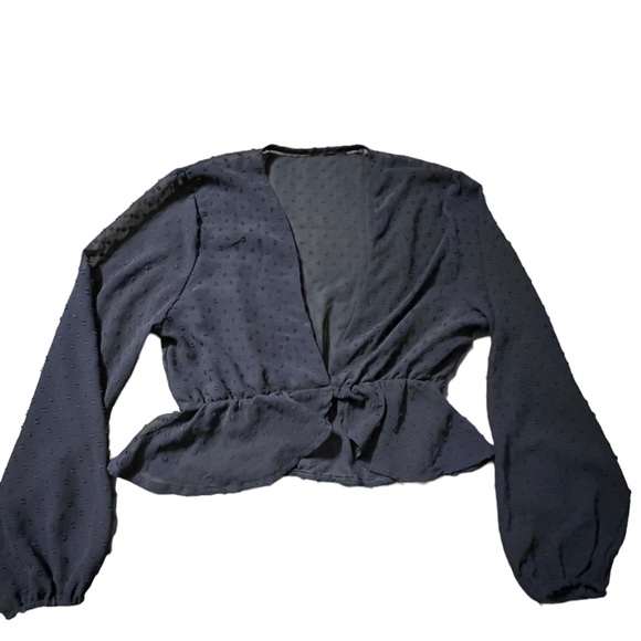 Long Sleeve Swiss Dot Navy Blue Crop Top - Picture 4 of 6